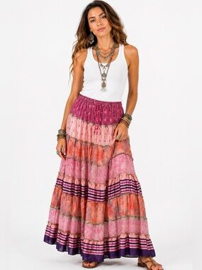 28. Boho Gypsy Tiered Pink Patchwork Maxi Skirt With Pockets One Size NWT